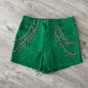 Embellished High Waist Green Shorts